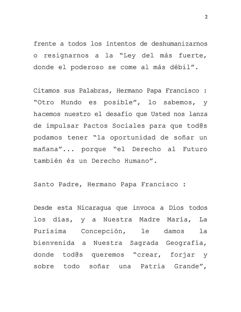 Nicaragua envía mensaje de bienvenida al Papa Francisco a tierras mesoamericanas